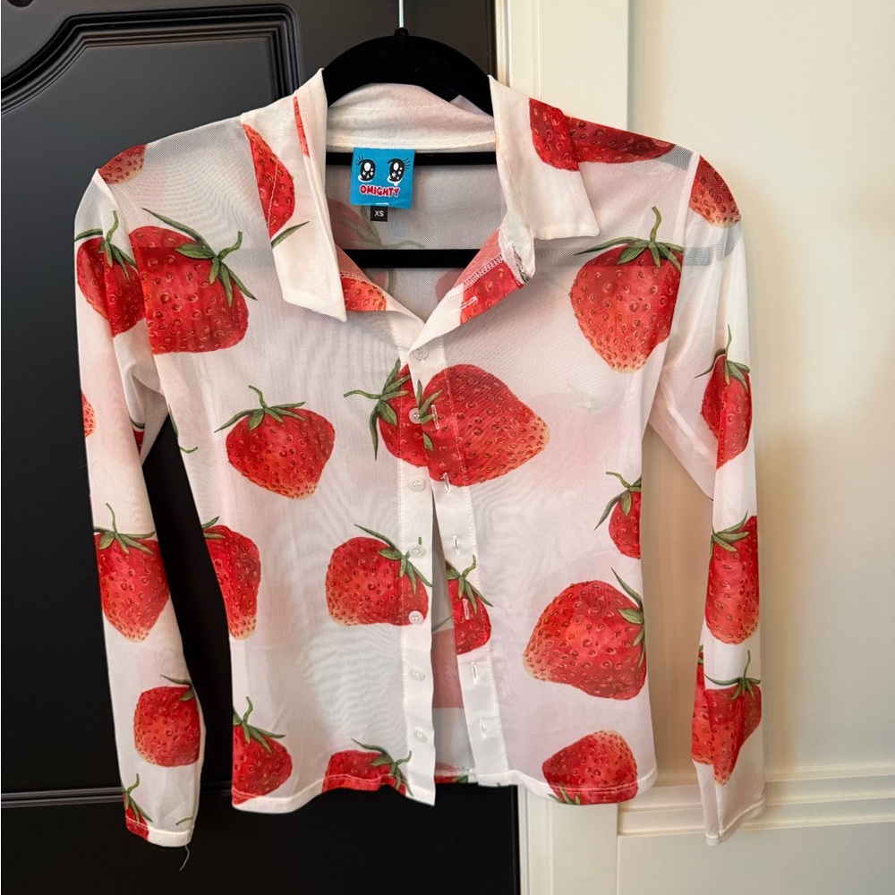 OMIGHTY Strawberry Print Sheer Button-Down Top